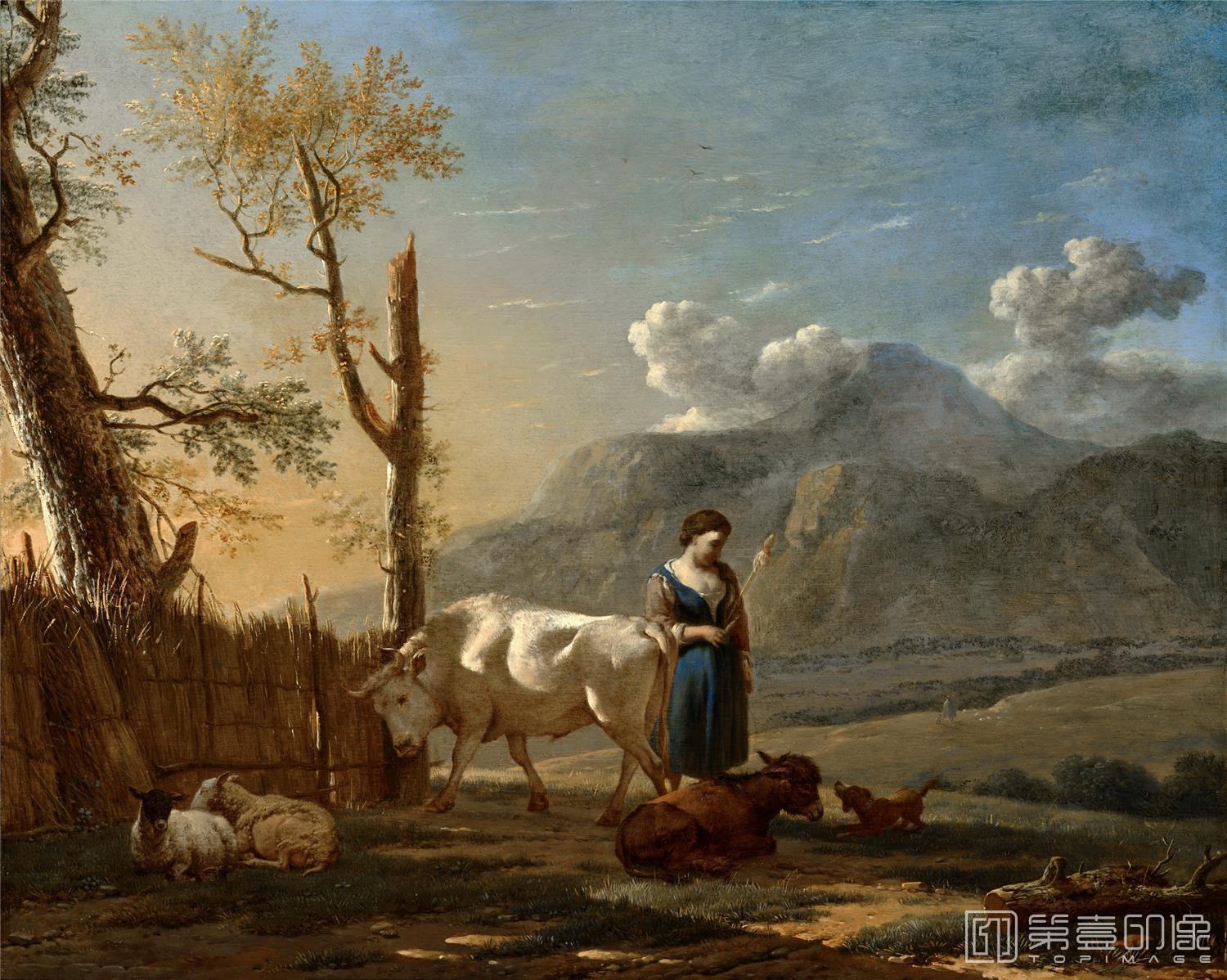 油画-荷兰莫瑞斯泰皇家美术馆Karel Dujardin - Landscape with a Shepherdess-413